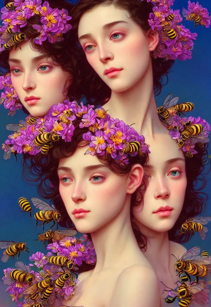 Prompt: young beautiful women, siamese twins, gorgeous face, vaporwave aesthetic, synthwave, colorful, psychedelic, artstation, flowers, bees, full - body, gown, smooth, extremely sharp detail, finely tuned detail, 8 k, unreal engine 5, ultra sharp focus, illustration, art by artgerm and greg rutkowski and alphonse mucha