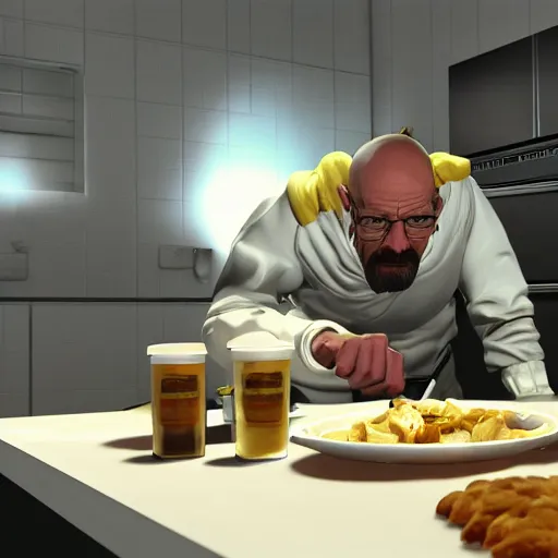 Prompt: Walter white eating chicken in a kitchen, award winning, trending on artstation, unreal engine