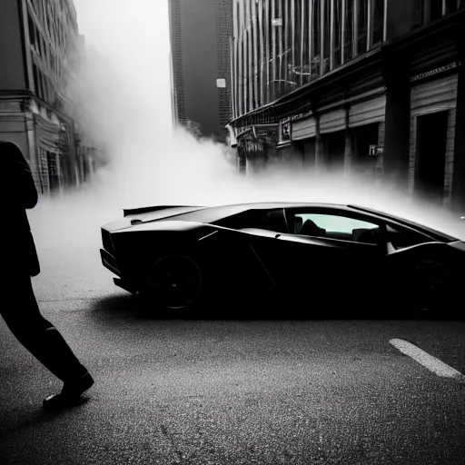 Image similar to black and white press photograph of a tired man, man in a black suit, pushing a lamborghini that is out of gas on a busy city street, sideview, detailed, natural light, mist, film grain, soft vignette, sigma 5 0 mm f / 1. 4 1 / 1 0 sec shutter, imax 7 0 mm footage