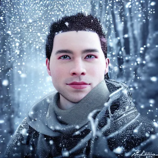 Prompt: a portrait of the artist as a young man. 3 d posing, frozen ice dark forest background, snowing, bokeh, inspired by masami kurumada, octane render, volumetric lighting