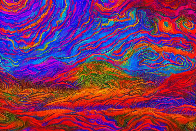 Prompt: dmt psychedelic realm landscape painting, fantasy, digital art, in the style of Robert Tinney