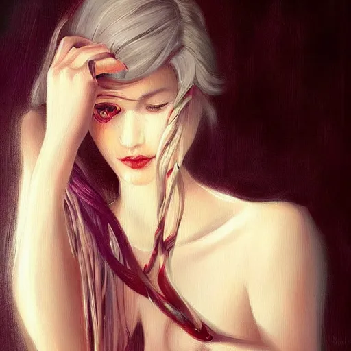 Image similar to a beautiful woman tied to a chair with spaghetti, painting by Charlie Bowater and artgerm