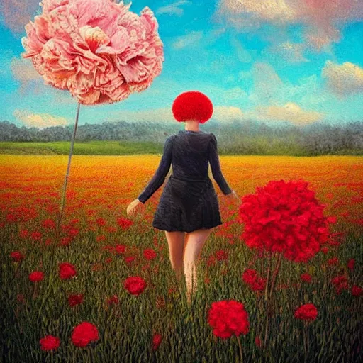 Image similar to giant red carnation afro head, full body, girl walking in the middle of a field with flowers, surreal photography, hills, sunrise dramatic light, impressionist painting, colorful clouds, digital painting, pointillism, artstation, simon stalenhag