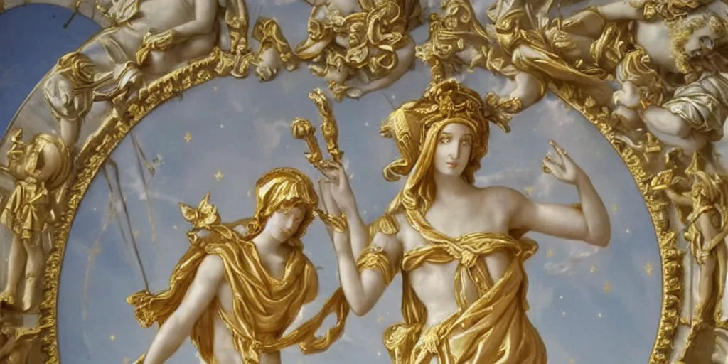 Image similar to saint Woman Venus Athena beautiful gracious baroque marble and gold in space sistina stars clouds