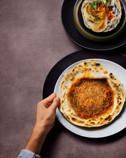 Image similar to a portrait of albert einstein sitting at the dining table with a plate containing kerala parotta in front of him, highly detailed, trending on artstation, bokeh, 9 0 mm, f / 1. 4