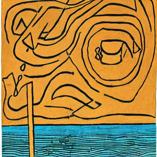 Image similar to umber by marjane satrapi angular. a river scene. the river is represented by a line winding through the center of the mixed mediart. the banks of the river are represented by two lines, one on each side.