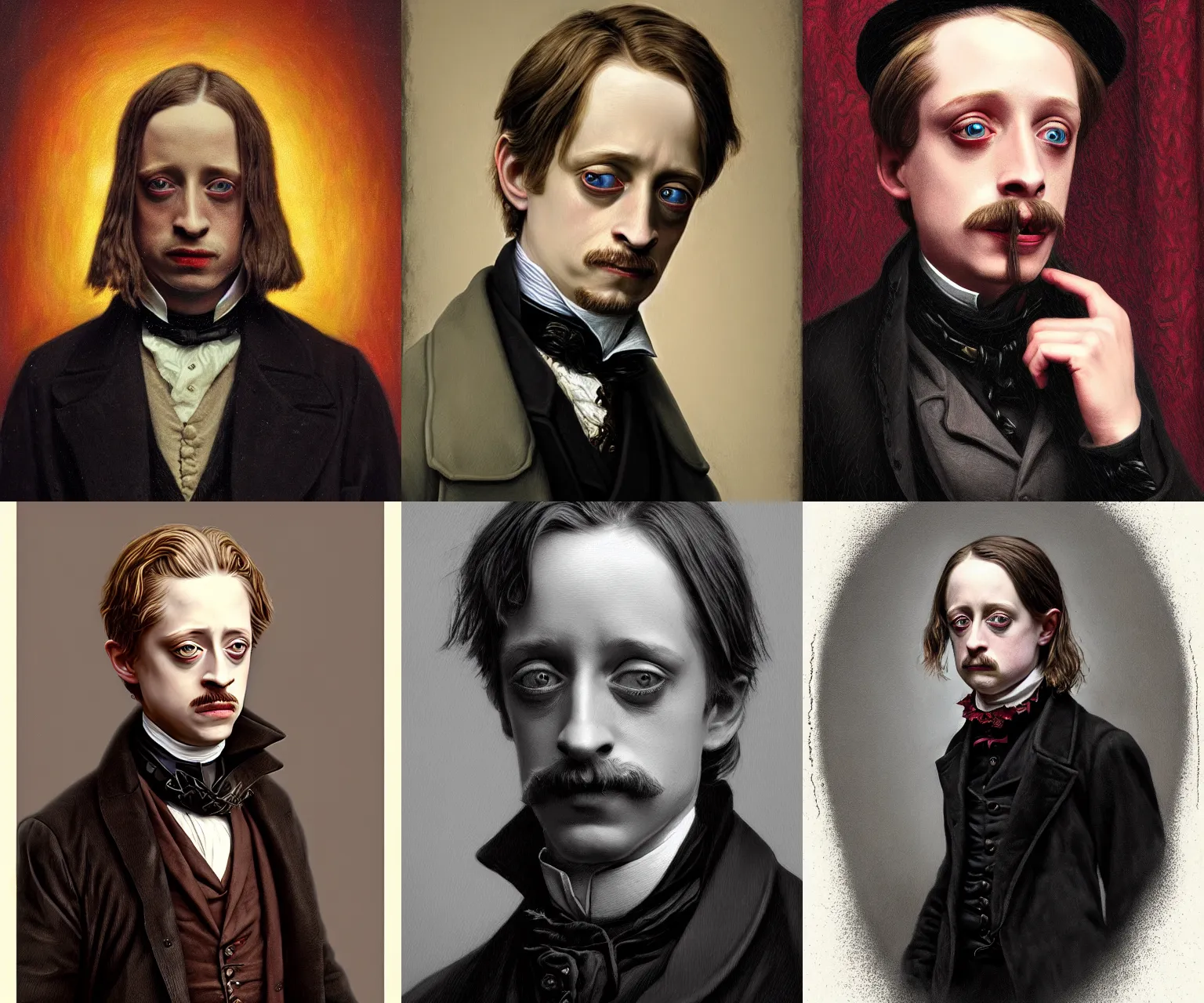 Prompt: portrait of a victorian macaulay culkin, full color, dark colors, artstation, trending, intricate lining, inspired by tormentum dark sorrow screenshot, by piotr ruszkowski, h. r. giger and zdzisław beksinski