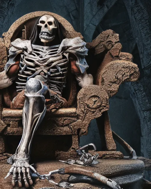 Image similar to closeup of skeletor sitting in a throne in a decayed castle, dramatic lighting, frank frazetta, rim lighting, octane, dark souls, craig mulins, octane, 8 k