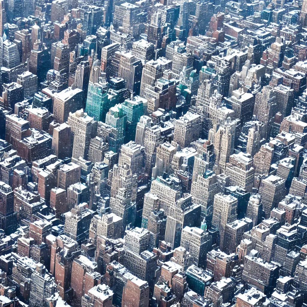 Image similar to manhattan as a comic style winter wonderland, birds view