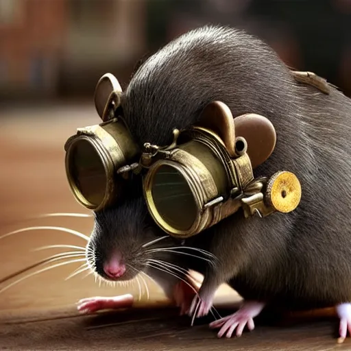 Image similar to a rat with steampunk googles, by Zack Snyder