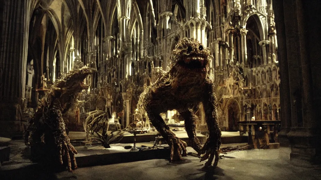 Prompt: A practical effects puppet of a cute by scary Monster with scaly skin and crazy hair by Rick Baker and Chris Walas, inside a gothic cathedral. A film screenshot from a horror movie directed by David Cronenberg. Cinamatography by Denis Villeneuve and Christopher Nolan.