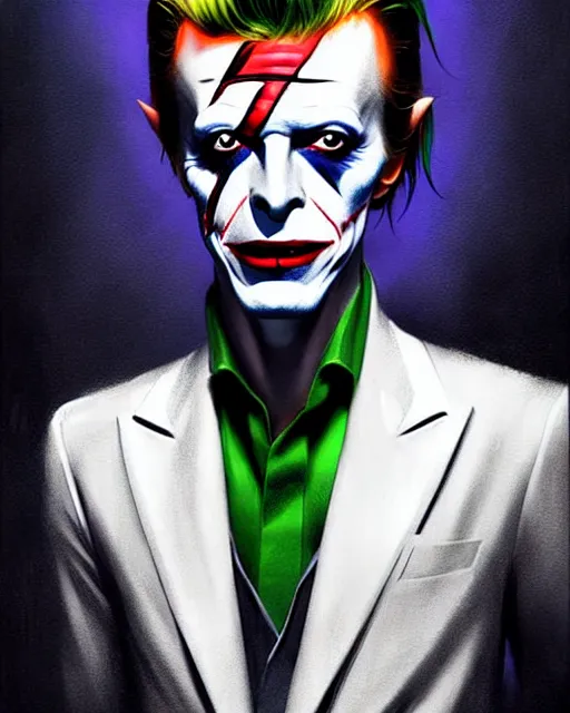 Prompt: character full body portrait of david bowie as the joker | | realistic shaded, unpleasant face, bad looking, fine details, realistic shaded lighting poster by greg rutkowski, magali villeneuve, artgerm, jeremy lipkin and michael garmash and rob rey