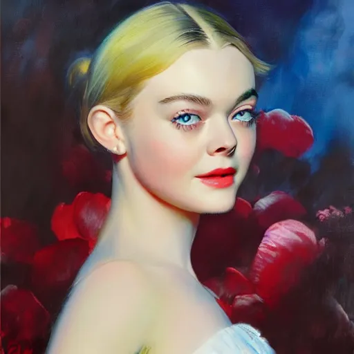 Image similar to ultra realistic portrait painting of elle fanning in a 6 0 s ad, art by frank frazetta, 4 k, ultra realistic, highly detailed, epic lighting