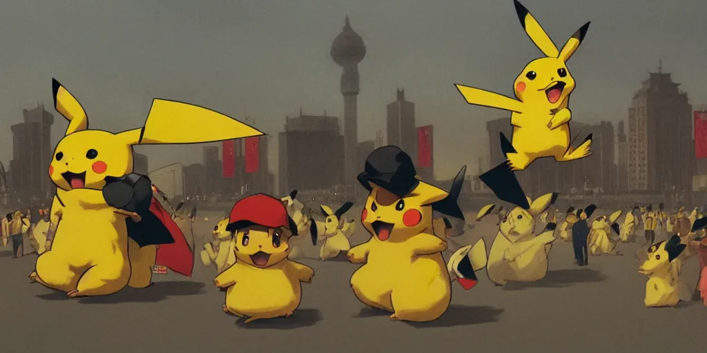 Prompt: Pikachu comes to Tiananmen Square, by phil hale, ashley wood, medium shot, cinematic lighting, high detail