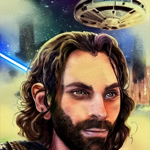 Image similar to a realistic star wars watercolor fantasy concept cart of chris d'elia as a drug dealer in a sleazy futuristic city of coruscant, hq, 4 k