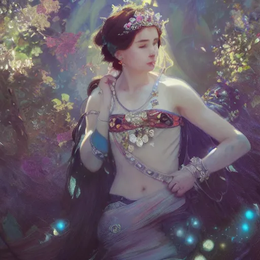 Image similar to noami osaka, adorned with precious stones, tiara and necklace by jeremy mann and alphonse mucha, photo realistic, dynamic lighting, windy, artstation, poster, dreamy, volumetric lighting, ethereal, 4 k, high detail