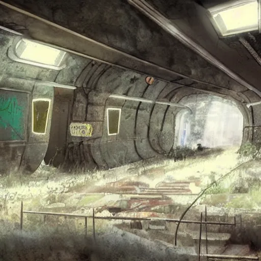 Prompt: an abandoned post apocalyptic subway station with an old decaying train, overgrown, sunlight, concept art, award winning