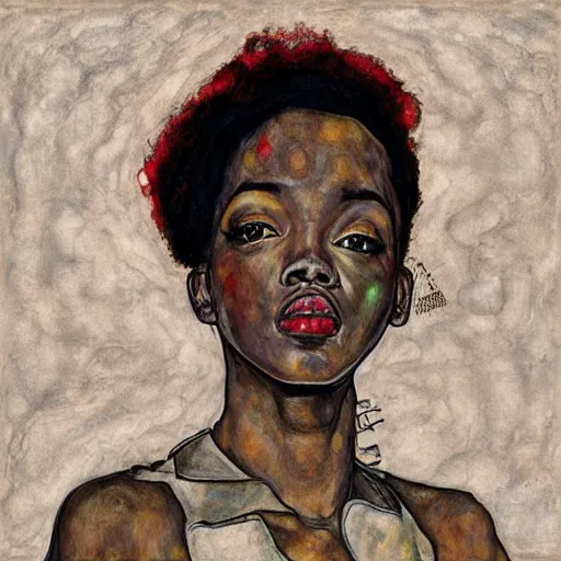 Image similar to portrait of lauryn hill by egon schiele in the style of greg rutkowski