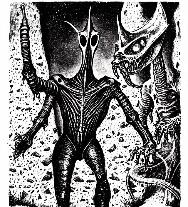 Prompt: a roswell alien with a ray pistol as a d & d monster, pen - and - ink illustration, etching, by russ nicholson, david a trampier, larry elmore, 1 9 8 1, hq scan, intricate details, high contrast, no background