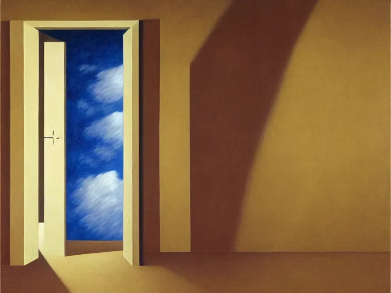 Image similar to an open door to infinity in brick wall with endless hallway inside the door, painting by rene magritte, centered, high detail!!!, high resolution!!!