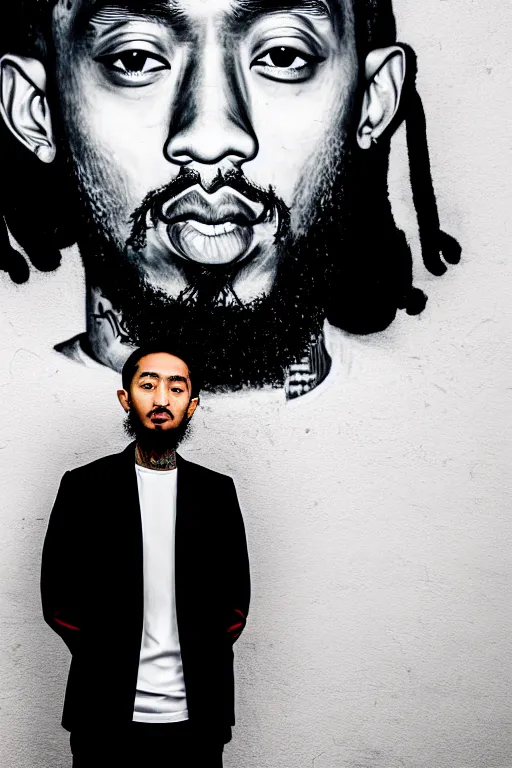 Image similar to asian guy stand in front of wall full of black rapper nipsey hussle mural, photorealistic, smooth, 4 k, aesthetic lighting, baroque object, sharp focus, hyperdetailed, professional photography, pullitzer winning, photo by : canon eos 5 d mark iv, by karah mew and adnan abidi and jodie bateman