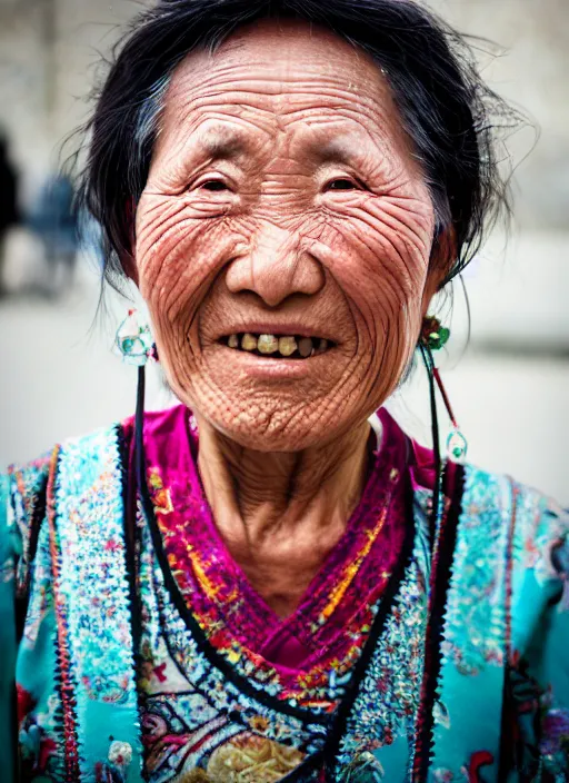 Image similar to Mid-shot portrait of a 70-year-old woman from Tibet wearing a traditional outfit, candid street portrait in the style of Martin Schoeller award winning, Sony a7R