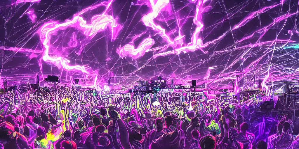 Image similar to view from stage as purple lightning strikes while rapper performs at festival, psychedelic light show, digital art, vapor wave, hip hop, trending on Artstation, professional artist, detailed, 4k