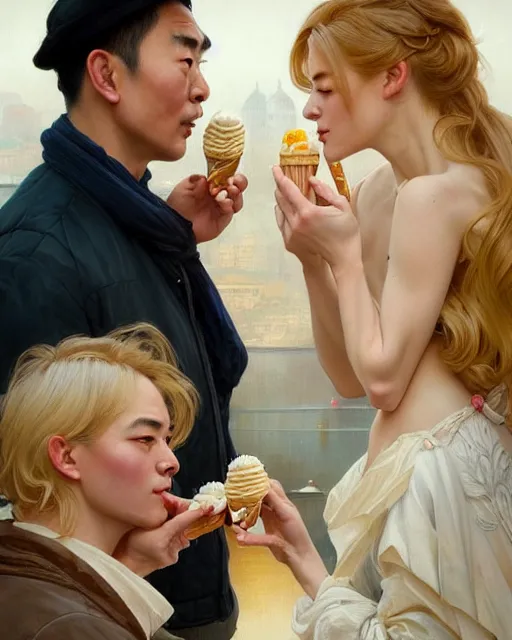 Image similar to Portrait of a  blonde lady and a Chinese man eating ice creams in Porto,real life skin, intricate, elegant, highly detailed, artstation, concept art, smooth, sharp focus, art by artgerm and greg rutkowski and alphonse mucha