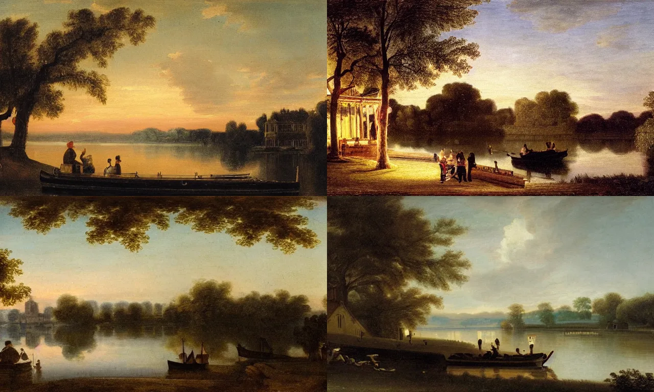 Prompt: gaily painted pleasure boat on the beautiful lake at night. with trees and palaces in the distance, by john william hilton, super wide angle