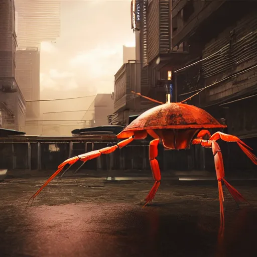 Image similar to a giant robotic shrimp standing in a dystopian city, cyberpunk, dystopian, god, evil, villain, sharp focus, dynamic lights, still, photograph, hyper realistic, masterpiece, digital, octane render, rendered, 3 d, blender, 3 d software, cinematic, cinematic lighting, dramatic lighting, dramatic, highly detailed, intricate details, texture, slime, cinematic composition