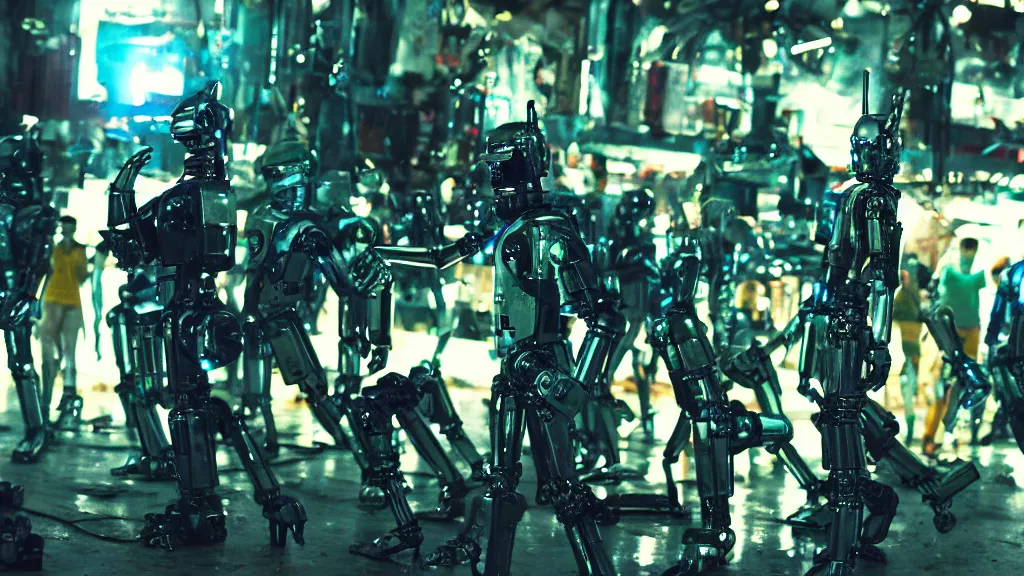 Prompt: film still from the movie chappie of the robot chappie shiny metal indoor dance party rave scene bokeh depth of field several figures furry anthro anthropomorphic stylized cat ears head android service droid robot machine fursona