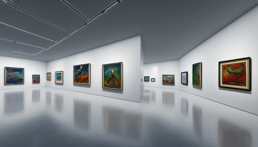 Prompt: interior futuristic art gallery wide angle highly detailed by santiago calatrava, three wall hanging paintings famous pieces by gogh!, captivating 8 k hdr, octane render godrays hyperrealism
