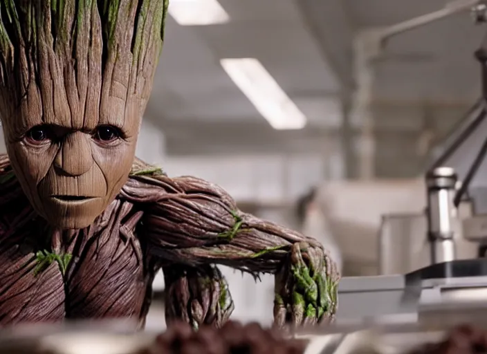 Image similar to film still of Groot working as a chocolatier in the new Avengers movie, 4k