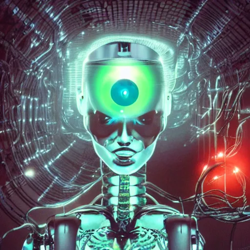 Image similar to the torso of a terminator lady with borg implants, human face and robotic snakes coming out of her head is hanging from cables and wires off the ceiling of an abandoned computer lab and plugged into a quantum computer. Her bottom half is missing with cables hanging out. She is taking a sip from a cup of coffee. Tiny green led lights in her cybernetics. very detailed 8k. cyberpunk style.