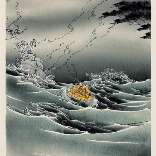 Image similar to giraffe in a bot on a stormy sea at the base of cliffs, japanese style ink art,