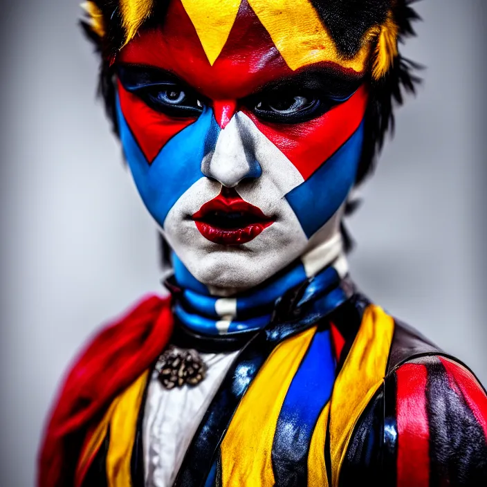 Image similar to full body photo of a real - life beautiful harlequin warrior, 8 k, hdr, smooth, sharp focus, high resolution, award - winning photo