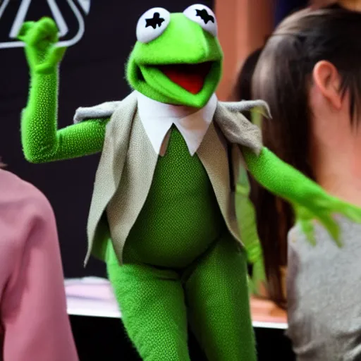 Prompt: A photo of kermit the frog wearing VR, award winning photograph