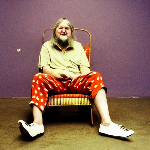 Image similar to robert wyatt sitting on a big spider - chair