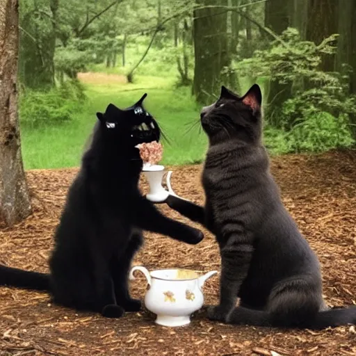 Image similar to golden retriever and a black kitty having a tea party in the forest