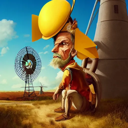 Image similar to portrait of don quixote sitting on a pikachu, windmill, summer, sun in the zenith, digital art, highly detailed, stunning scene, realism, stunning scene, bright colors, trending on artstation, masterpiece