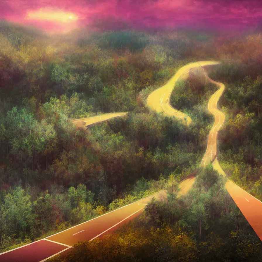 Prompt: surrealist semiabstract rendition of a highway road going down to the horizon through a thick forest and a rocky mountain coast pluging into an immense sunset. atmospheric landscape, soft tones, psychedelic, ultra realistic, concept art, modern art, photorealistic, octane render, 8 k. art by nori inoguchi and sam kaplan and zachary goulko and christopher marley