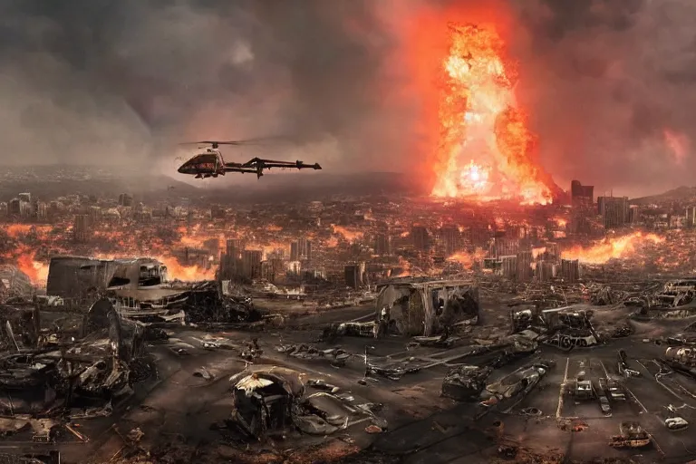 Prompt: An apocalyptic scene of Los Angeles destroyed after the alien invasion, 70mm Imax, Cinematic, Film Still, Directed by Michael bay