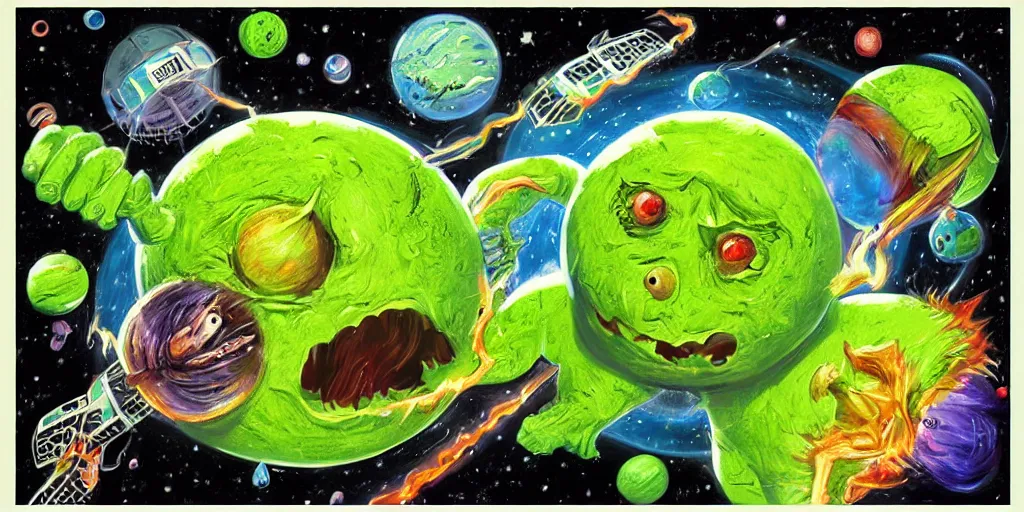 Image similar to a cinematic poster of green tennis ball monsters, in space, digital art, fantasy, magic, chalk, chalked, trending on artstation, ultra detailed, detailed, fine details, professional illustration by basil gogos