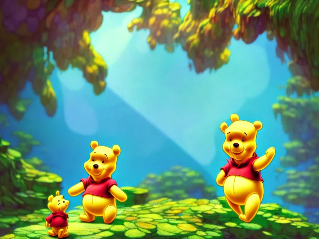 Prompt: the beautiful cartoon animation render a single lovely winnie the pooh wearing paper diapers, pop art, perfect shadow, atmospheric lighting, hyper detailed, underwater world, in the style of makoto shinkai, raphael lacoste louis comfort tiffany, artgerm, karol bak, james jean, ross tran, 8 k hd, fine texture structure, 3 drender