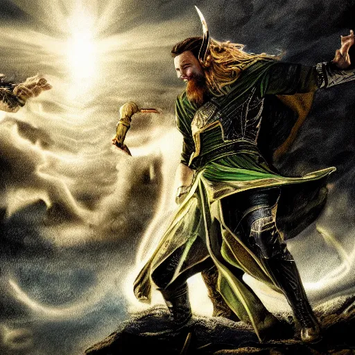 Image similar to the norse god king banishing loki from valhall, dramatic, highly detailed, digital oil, 4 k