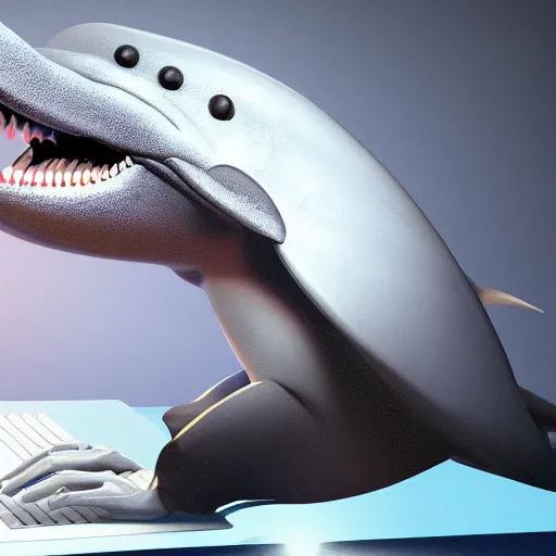 Image similar to An anthropomorphic grey dolphin in a white lab-coat playing games on a computer, digital painting, close-up, wearing a headset