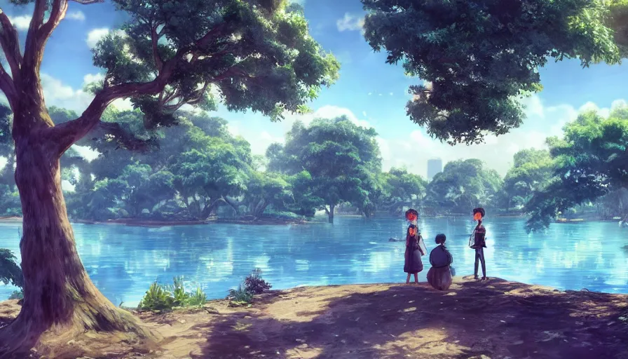 Image similar to bonifacio global city with a blue lake, beautiful ancient trees, hiding large treasure chest, serene evening atmosphere, soft lens, soft light, cel - shading, animation, in the style of cgsociety, deviantart, artstation, zbrush, cinema 4 d, studio ghibli, akihiko yoshida, atelier lulua, masamune shirow