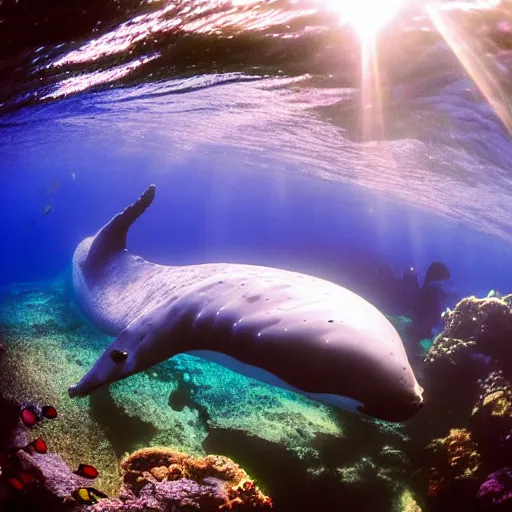 Image similar to underwater ocean, 1 2 whales, swimming to surface, calm, photography, peace, light rays, beautiful, majestic, dapple