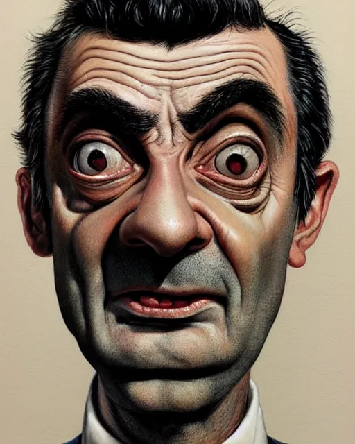 Image similar to portrait of mr bean, gritty, dark, very detailed, hyperrealistic, very detailed painting by Glenn Fabry, by Joao Ruas