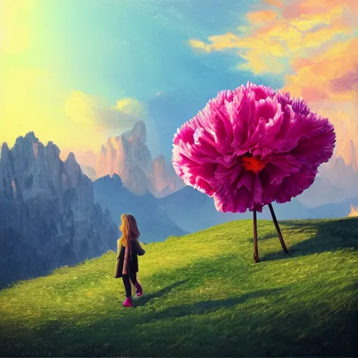 Image similar to giant carnation flower as a head, girl hiking in the dolomites, surreal photography, sunrise, dramatic light, impressionist painting, colorful clouds, digital painting, artstation, simon stalenhag